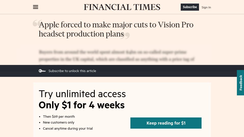 Screenshot of ft.com: Apple forced to make major cuts to Vision Pro headset production plans