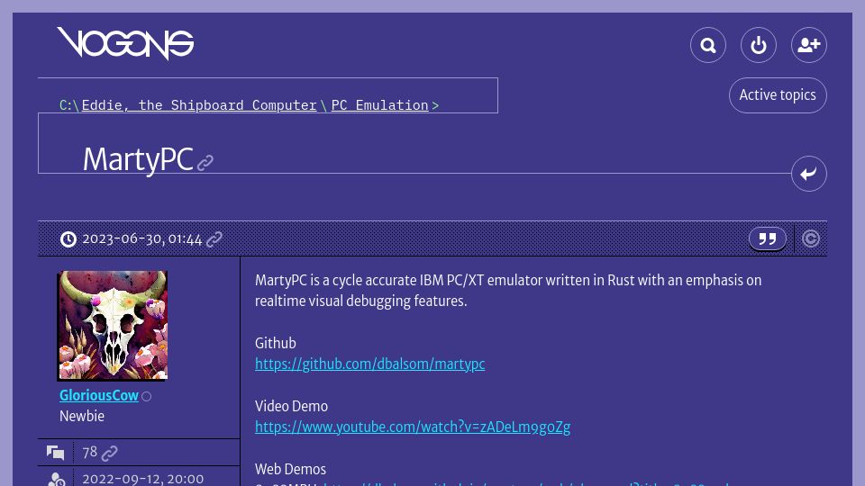 Screenshot of vogons.org: MartyPC, cycle accurate IBM PC/XT emulator