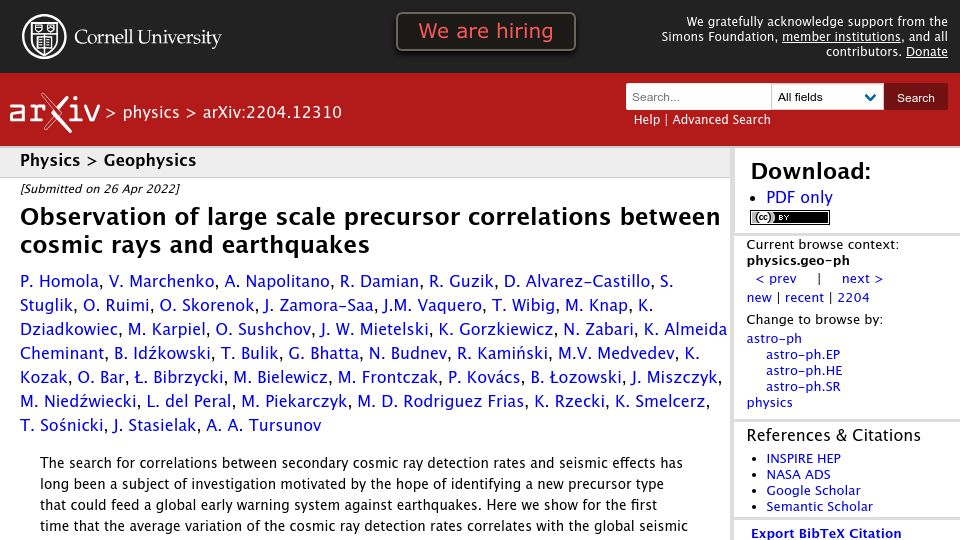Screenshot of arxiv.org: Large scale precursor correlations between cosmic rays and earthquakes (2022)