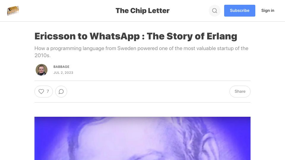 Screenshot of thechipletter.substack.com: Ericsson to WhatsApp: The Story of Erlang