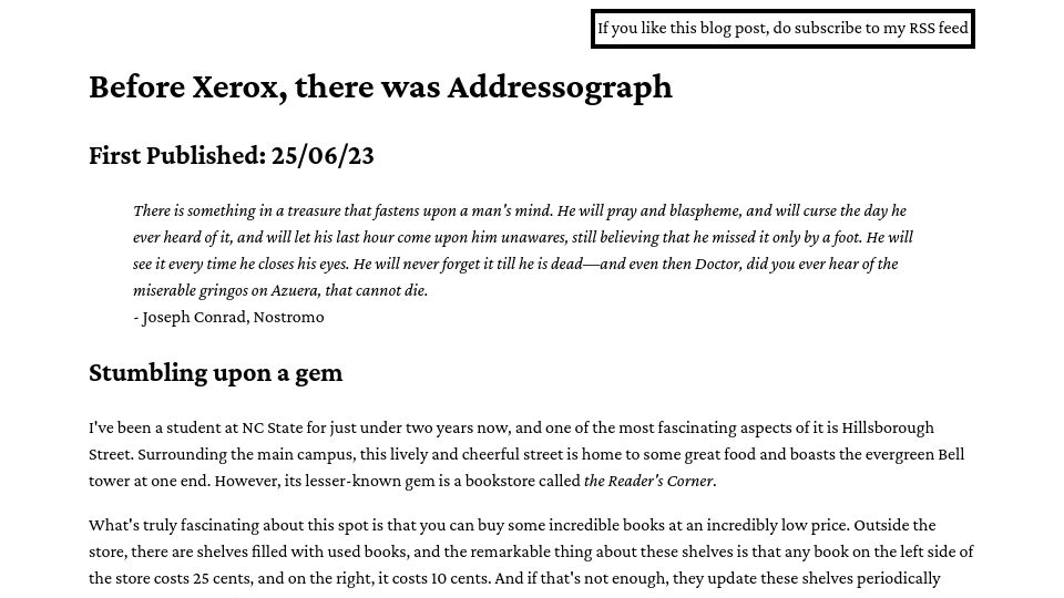 Screenshot of pncnmnp.github.io: Before Xerox, there was Addressograph