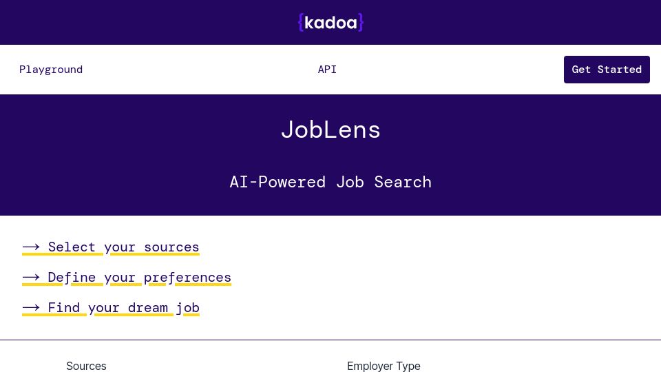 Screenshot of kadoa.com: Show HN: JobLens – AI-powered job search for 'Who Is Hiring'