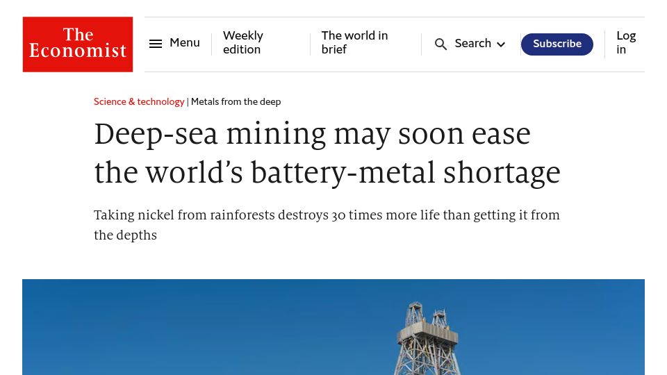Screenshot of economist.com: Deep-sea mining may soon ease the world's battery-metal shortage