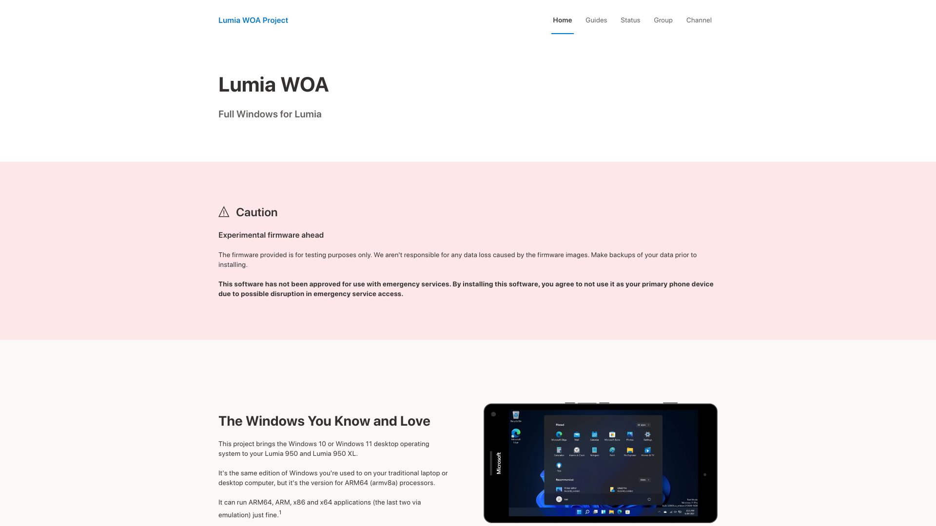 Screenshot of woa-project.github.io: Lumia WOA Project – Windows 10 or Windows 11 Desktop OS for Lumia 950/XL