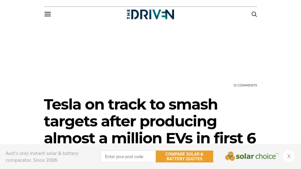 Screenshot of thedriven.io: Tesla on track to smash targets after producing almost a million EVs in 6 months