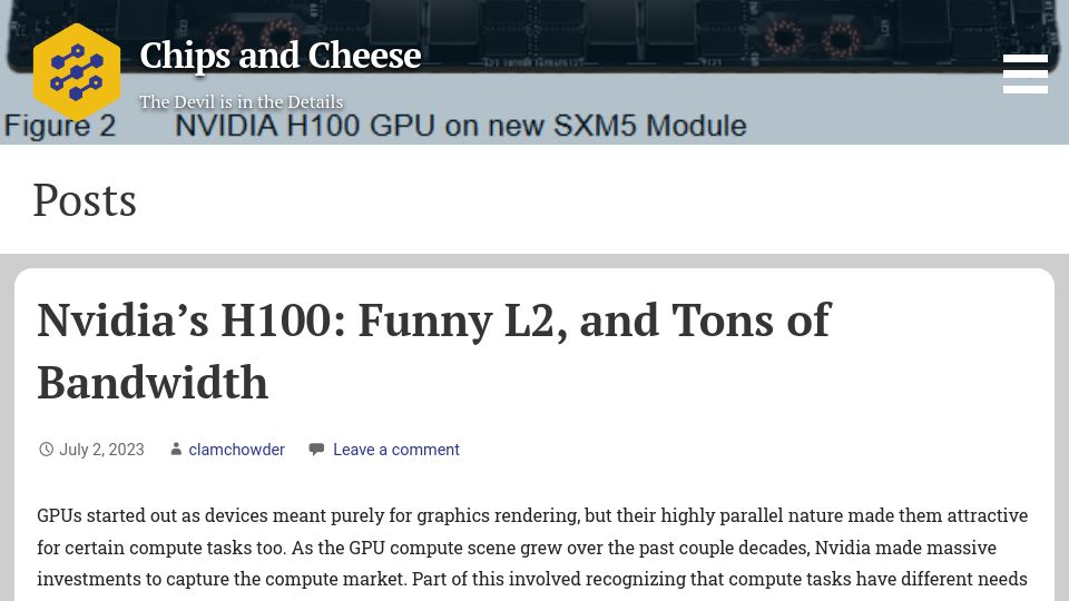 Screenshot of chipsandcheese.com: Nvidia’s H100: Funny L2, and Tons of Bandwidth