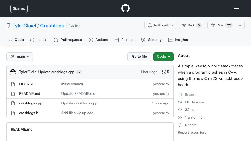 Screenshot of github.com: Show HN: Using C++23 <stacktrace> to get proper crash logs in C++ programs