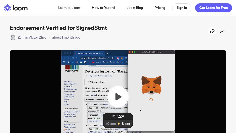 Screenshot of loom.com: Show HN: Prototype for ETH Signing for endorsing Wikipedia updates