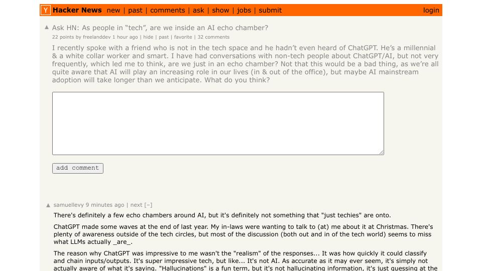 Screenshot of Hacker News post: Ask HN: Are people in tech inside an AI echo chamber?