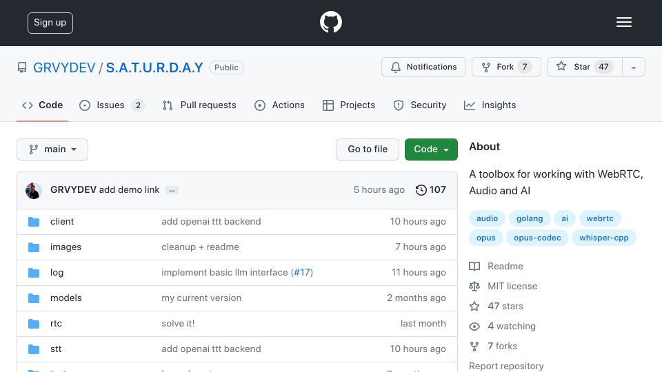 Screenshot of github.com: Show HN: Project S.A.T.U.R.D.A.Y. – open-source, self hosted, J.A.R.V.I.S.