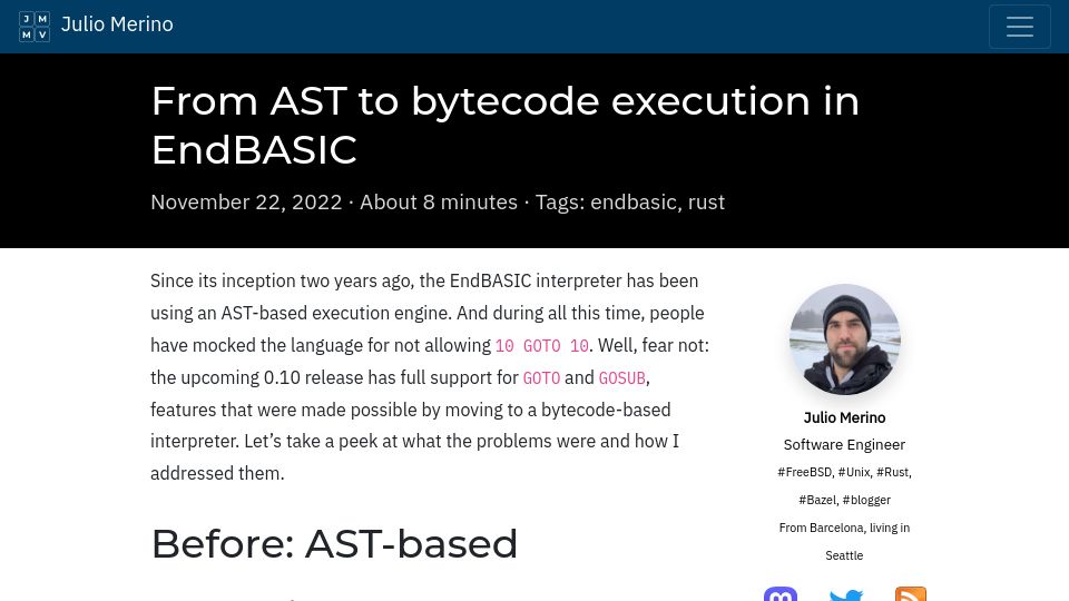 Screenshot of jmmv.dev: From AST to bytecode execution in EndBASIC (2022)