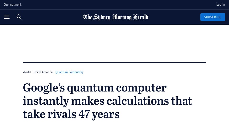 Screenshot of smh.com.au: Google’s quantum computer instantly makes calculations that take rivals 47 years