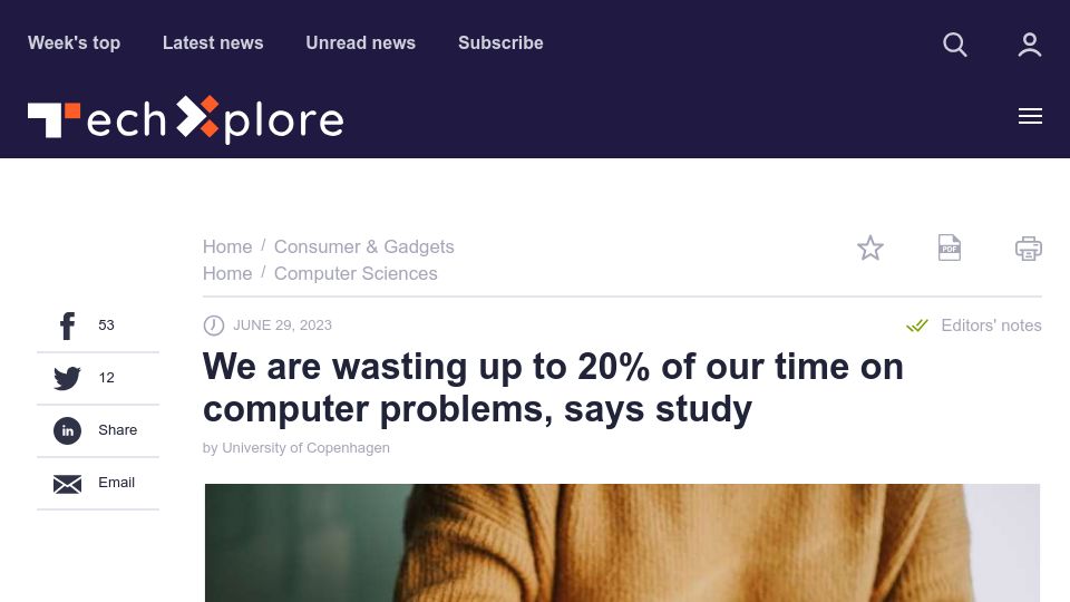 Screenshot of techxplore.com: We are wasting up to 20% of our time on computer problems, says study