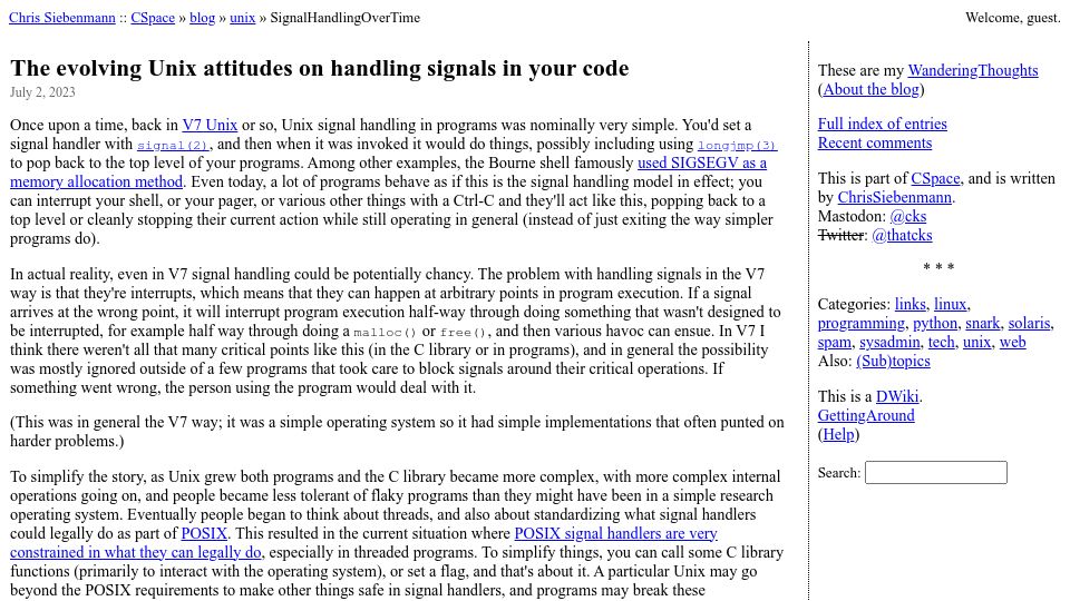 Screenshot of utcc.utoronto.ca: The evolving Unix attitudes on handling signals in your code