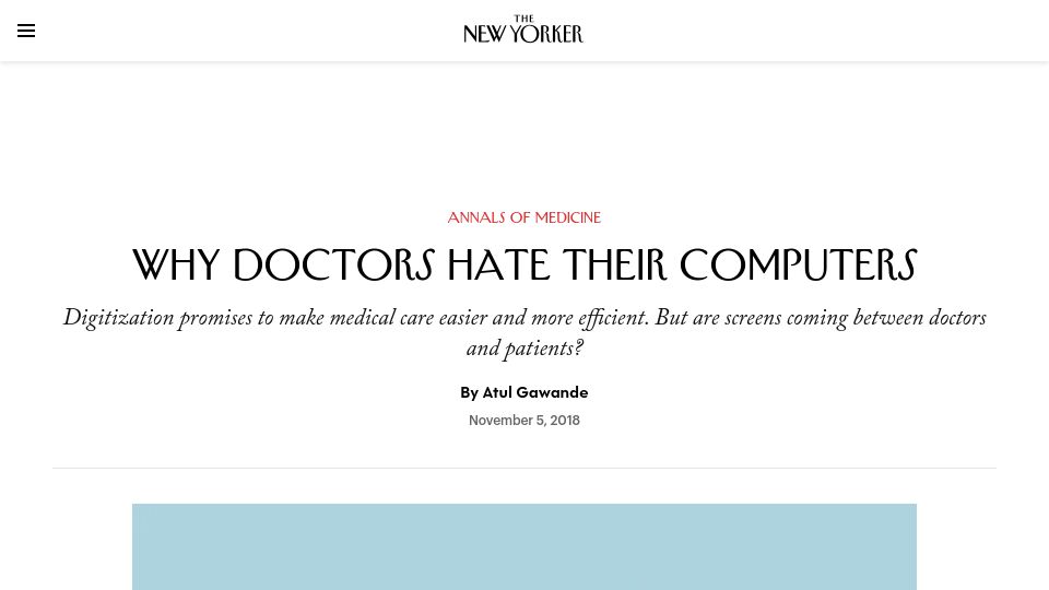Screenshot of newyorker.com: Why doctors hate their computers (2018)