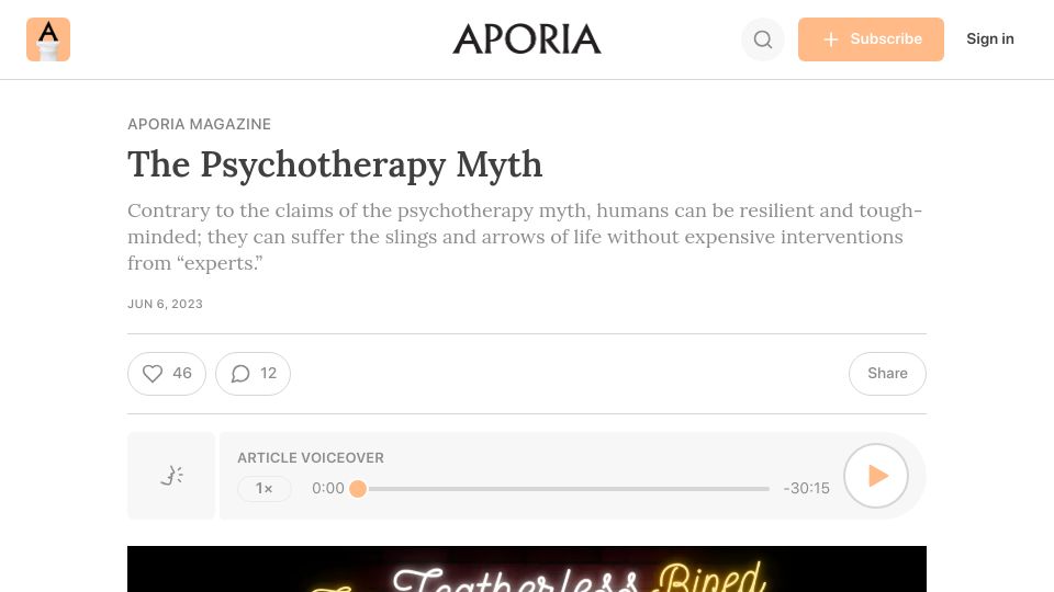 Screenshot of aporiamagazine.com: The Psychotherapy Myth