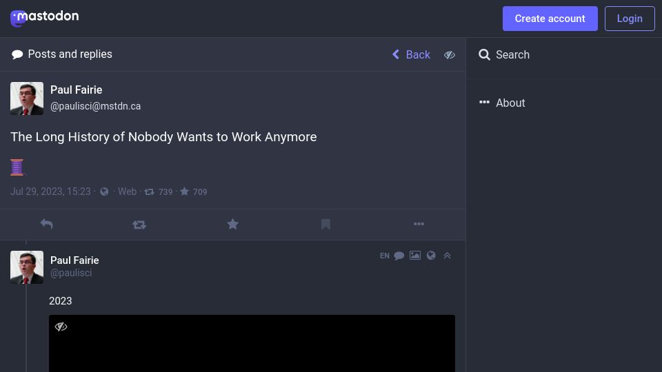 Screenshot of mstdn.ca: The Long History of Nobody Wants to Work Anymore