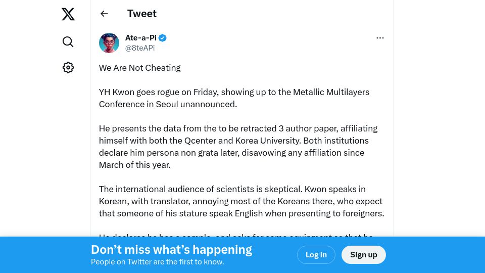 Screenshot of twitter.com: “We are not cheating” (YH Kwon superconductor comments)