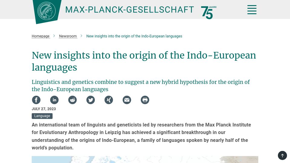Screenshot of mpg.de: New insights into the origin of the Indo-European languages