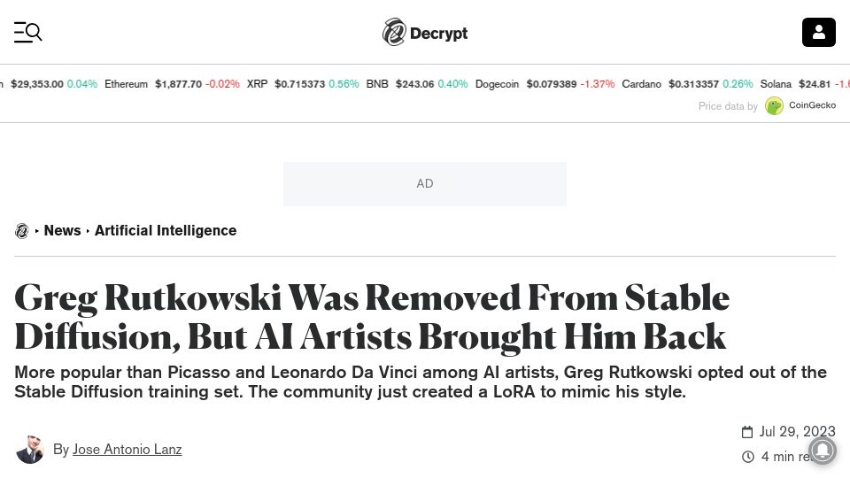 Screenshot of decrypt.co: Greg Rutkowski Was Removed from StableDiffusion, but AI Artists Brought Him Back