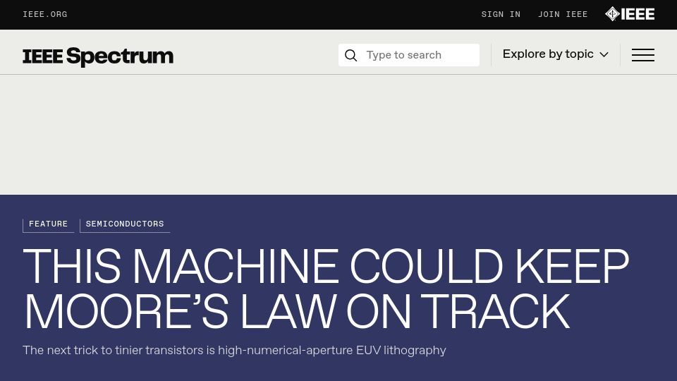 Screenshot of spectrum.ieee.org: ASML EUV lithography machine could keep Moore’s Law on track
