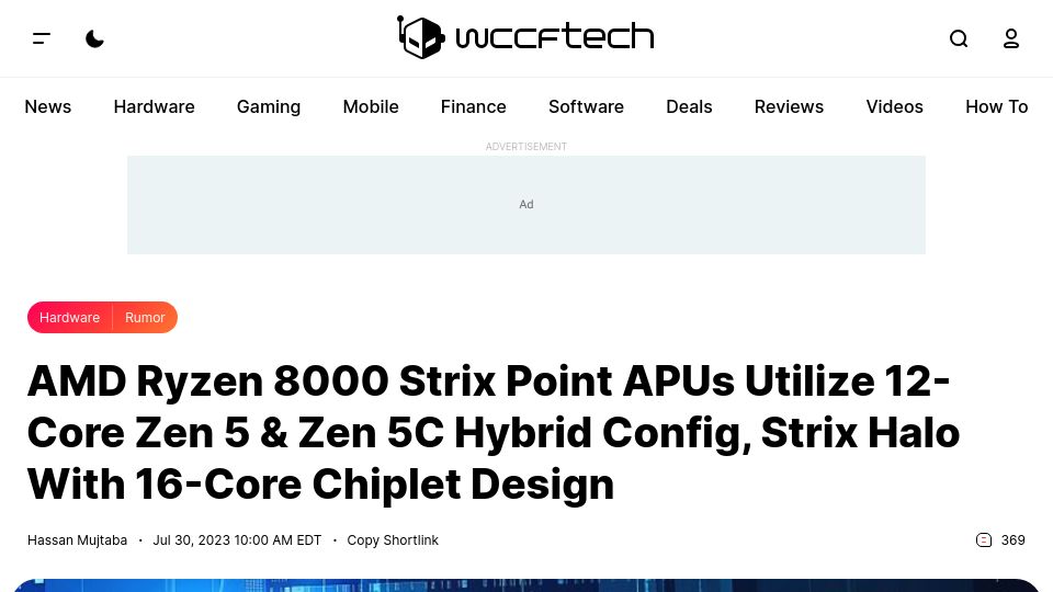 Screenshot of wccftech.com: AMD Ryzen 8000 Strix Point APUs Utilize 12-Core Zen 5 and Zen 5C Hybrid Config