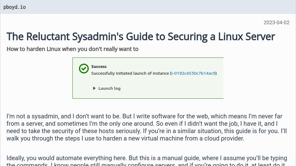 Screenshot of pboyd.io: The Reluctant Sysadmin's Guide to Securing a Linux Server
