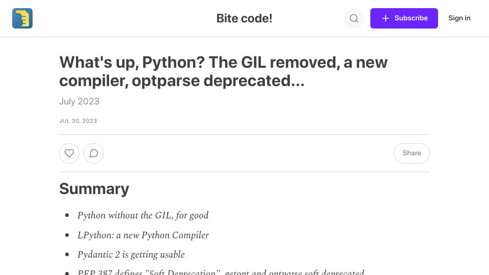 Screenshot of bitecode.dev: What's up, Python? The GIL removed, a new compiler, optparse deprecated
