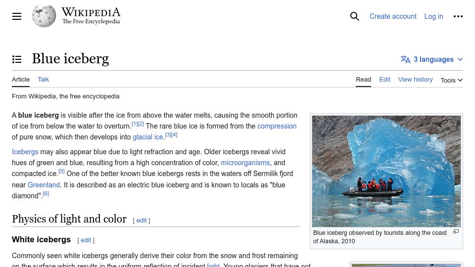 Screenshot of en.wikipedia.org: Blue iceberg