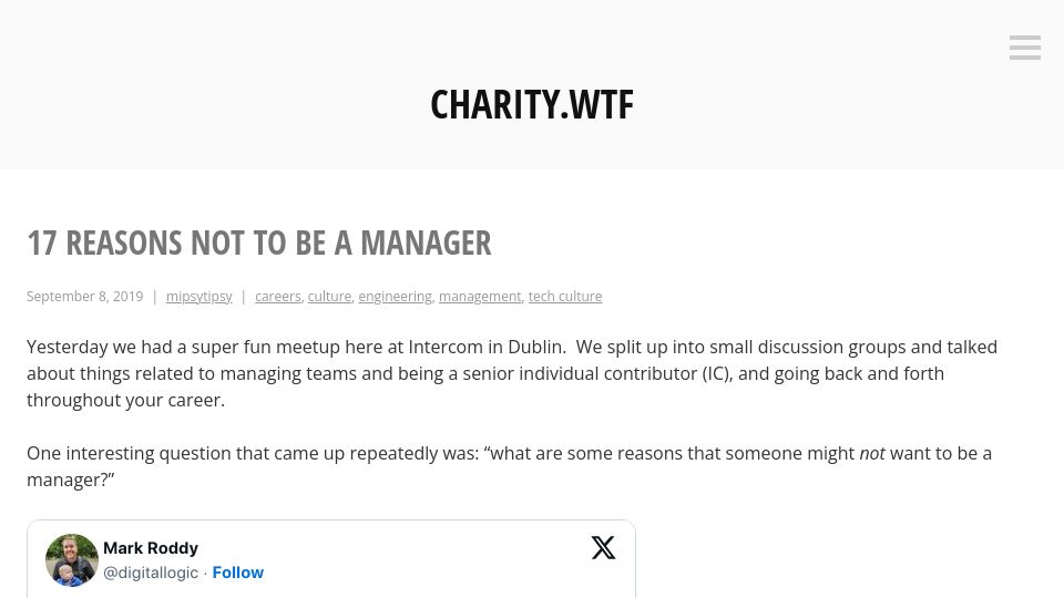 Screenshot of charity.wtf: Reasons Not to Be a Manager (2019)