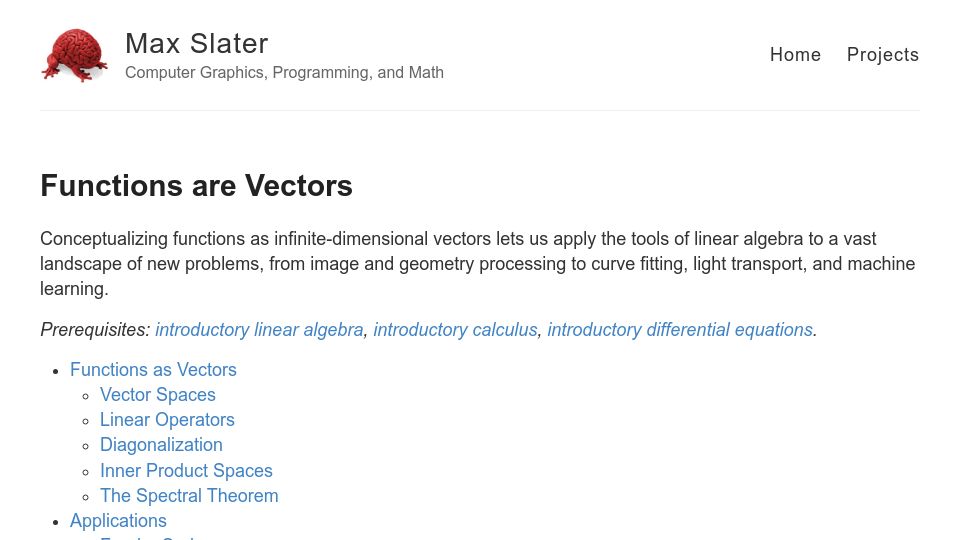 Screenshot of thenumb.at: Functions are vectors
