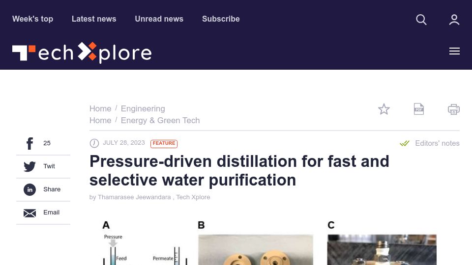Screenshot of techxplore.com: Pressure-driven distillation for fast and selective water purification