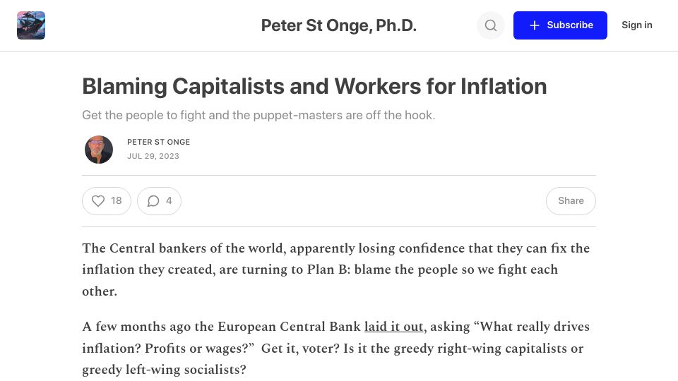 Screenshot of profstonge.com: Blaming Capitalists and Workers for Inflation