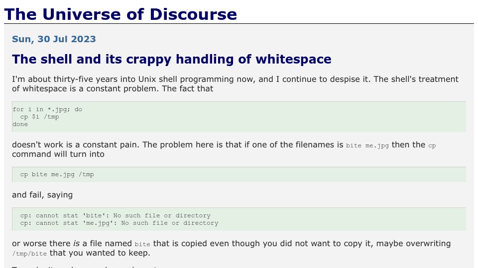 Screenshot of blog.plover.com: The shell and its crappy handling of whitespace