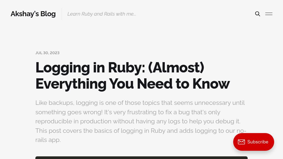 Screenshot of akshaykhot.com: Logging in Ruby: (Almost) Everything You Need to Know