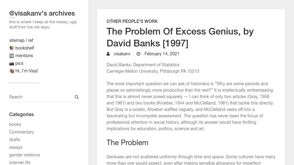Screenshot of visakanv.com: The Problem of Excess Genius (1997)