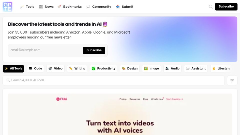 Screenshot of gpte.ai: Free database of 4,000+ AI tools