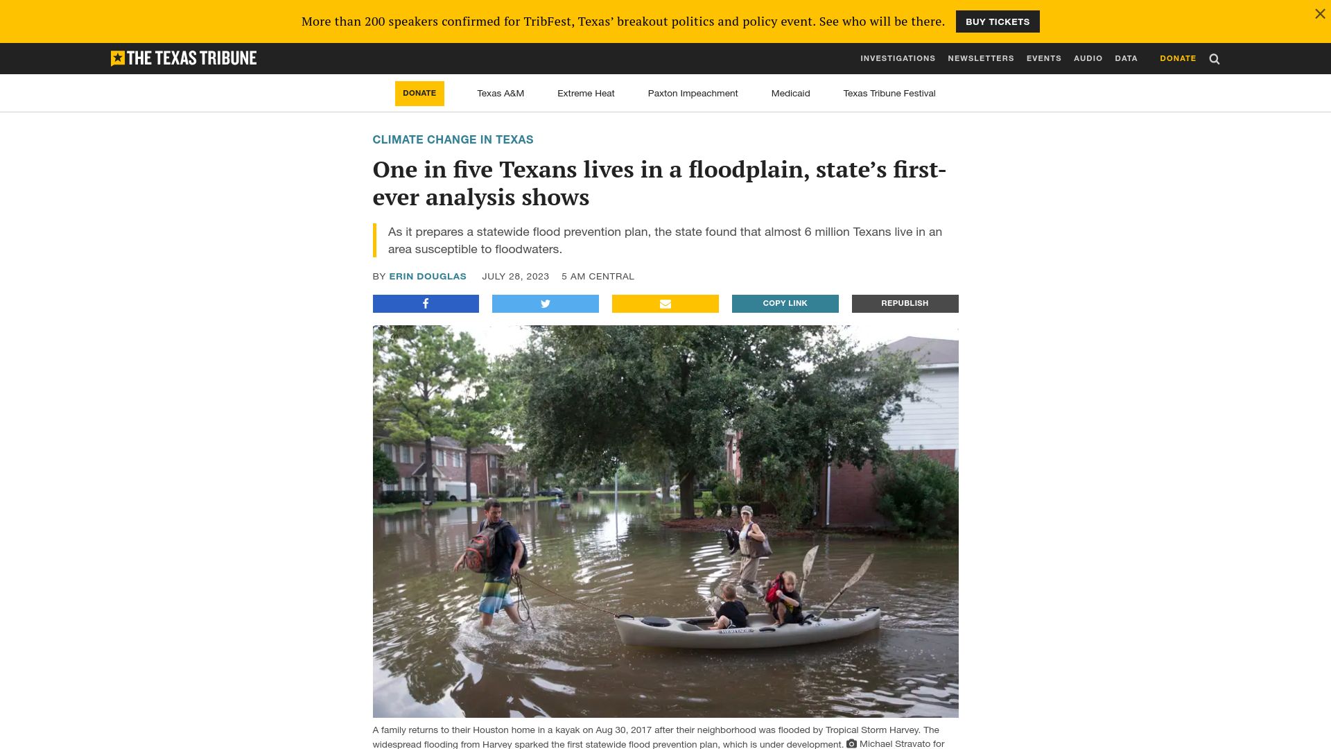 Screenshot of texastribune.org: One in five Texans lives in a floodplain, state’s first-ever analysis shows