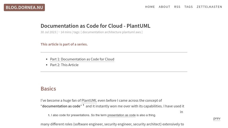 Screenshot of blog.dornea.nu: Documentation as Code for Cloud Using PlantUML