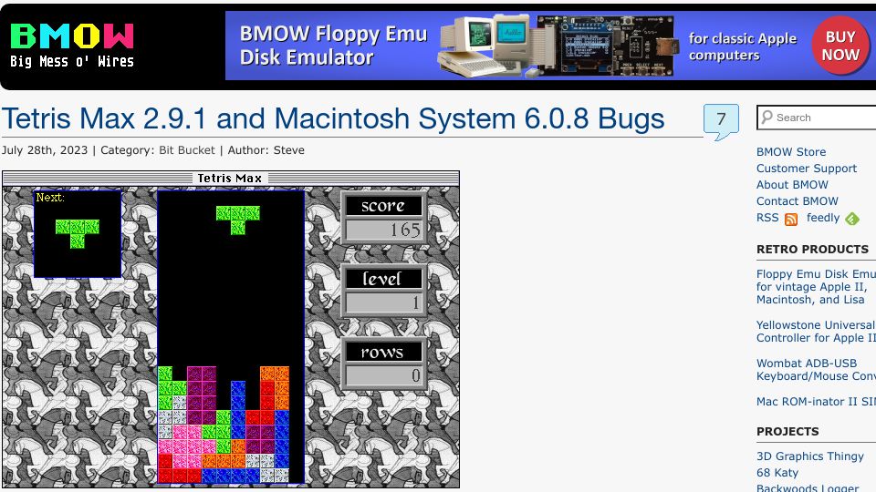 Screenshot of bigmessowires.com: Tetris Max 2.9.1 and Macintosh System 6.0.8 Bugs