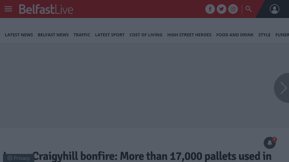 Screenshot of belfastlive.co.uk: Larne Craigyhill bonfire: 17000 pallets (2021)