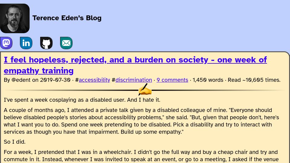Screenshot of shkspr.mobi: I feel hopeless, rejected, and a burden – One week of empathy training (2019)