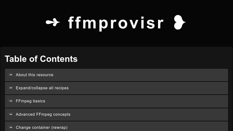 Screenshot of amiaopensource.github.io: Ffmprovisr – Making FFmpeg Easier