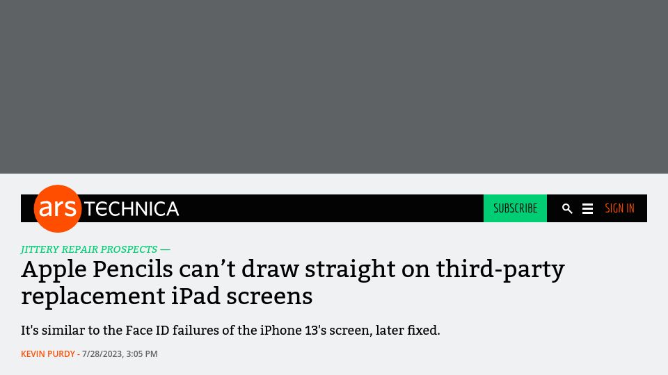 Screenshot of arstechnica.com: Apple Pencils don’t draw straight on replaced iPad screens