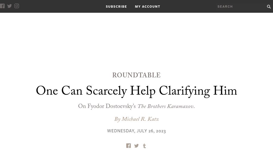 Screenshot of laphamsquarterly.org: One can scarcely help clarifying him: on the Brothers Karamazov