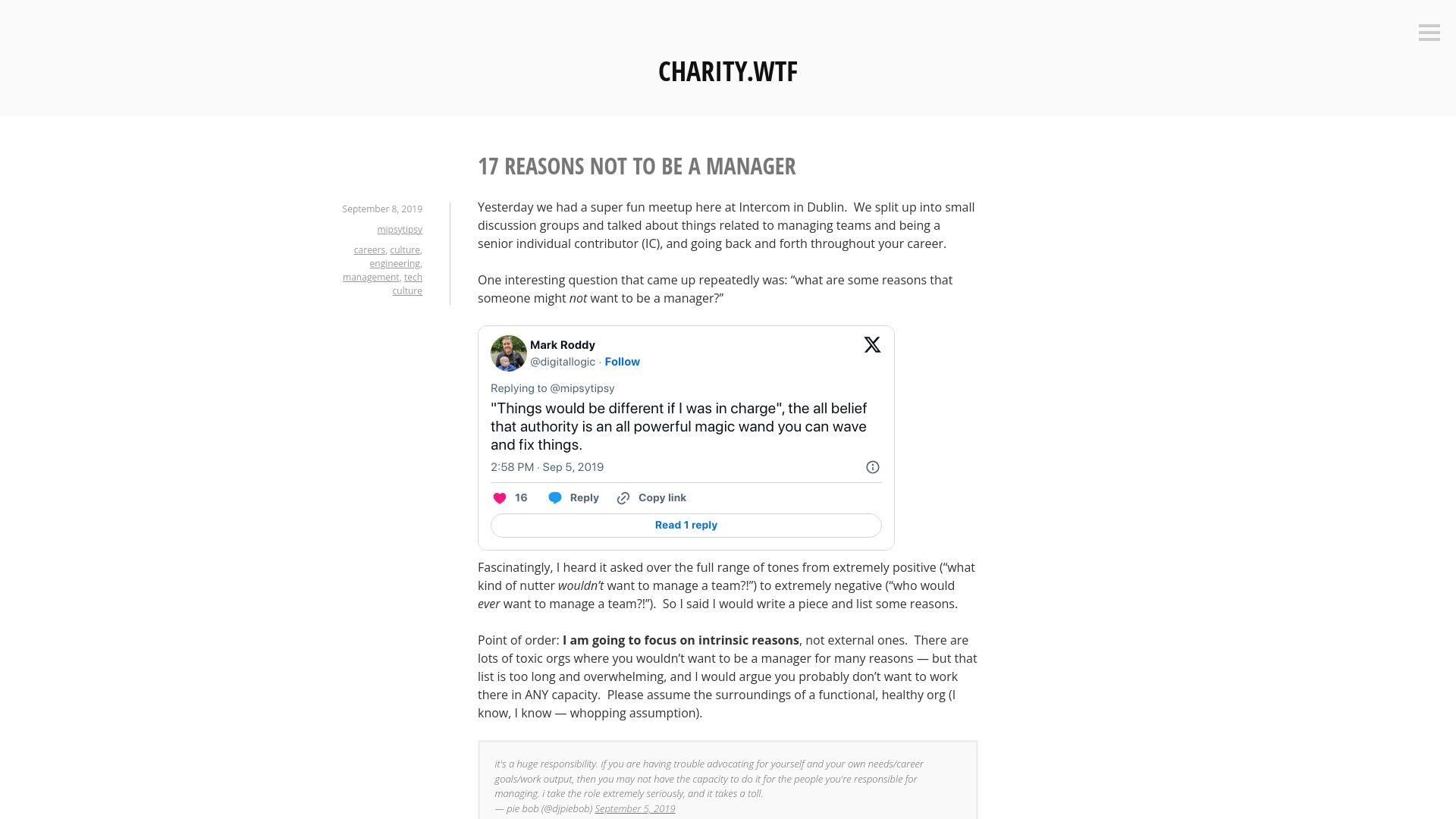 Screenshot of charity.wtf: Reasons Not to Be a Manager (2019)