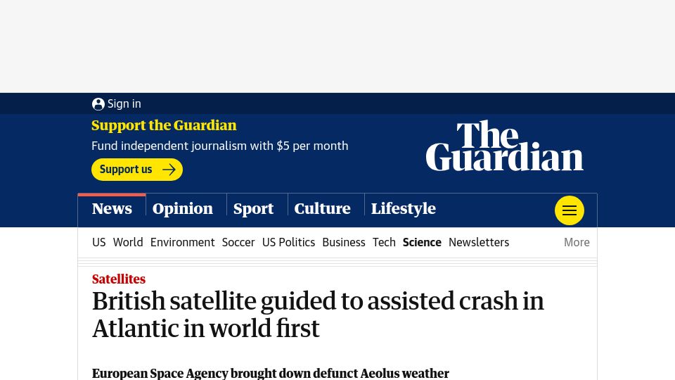 Screenshot of theguardian.com: Satellite guided to assisted crash in Atlantic in world first