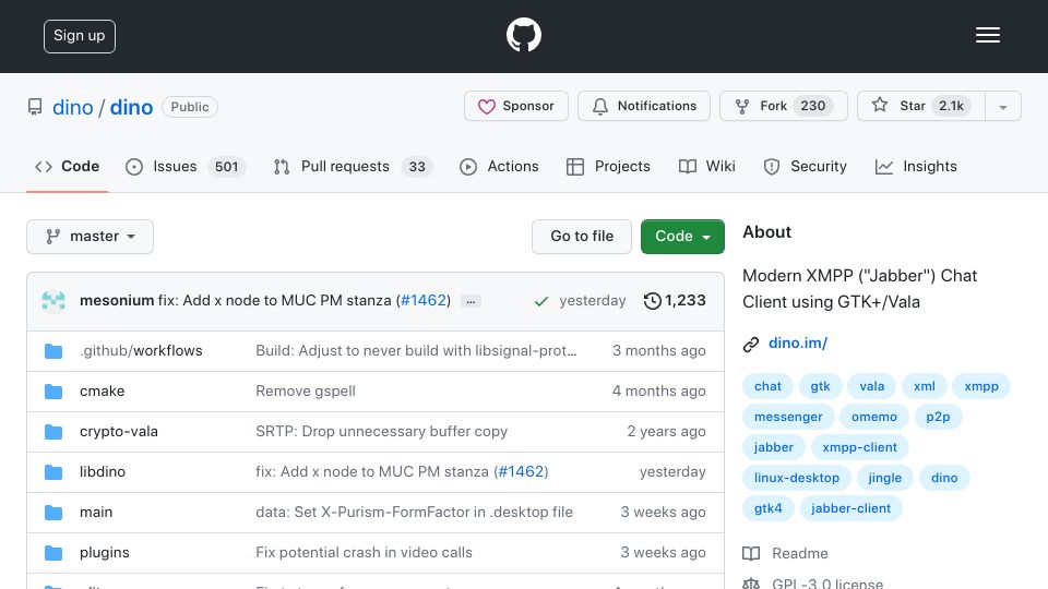 Screenshot of github.com: Dino – Modern XMPP Chat Client using GTK+/Vala