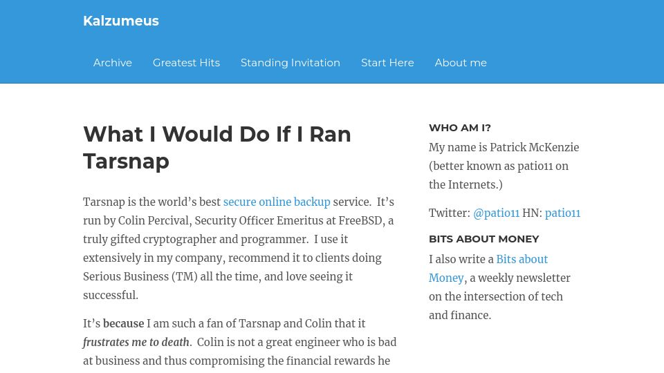 Screenshot of kalzumeus.com: What I would do if I ran Tarsnap (2014)