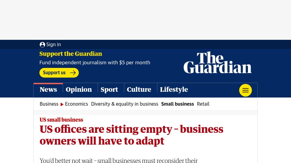 Screenshot of theguardian.com: US offices are sitting empty – business owners will have to adapt